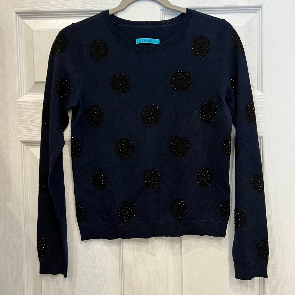Alice + Olivia Sweater Wool Beaded Polka Dot Navy Blue Dark Academia Whimsical S